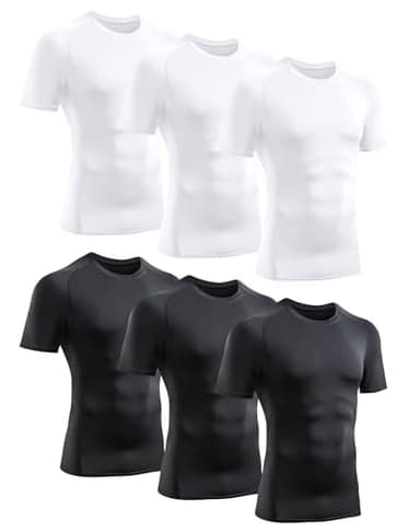 TELALEO 6 Pack Men's Compression Shirt Short Sleeve Athletic Baselayer Sports T Shirts Workout Tops for Men Black White M - Image 1