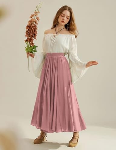 Women Elastic High Waist Swing Maxi Flowy Summer Long Skirt Dusty Rose M - Image 5