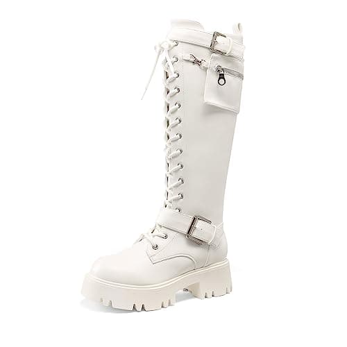 DREAM PAIRS Women's Combat Riding Platform Knee High Boots, Lace Up Fall Lug Sole Gothic Motorcycle Boots with Inside Zipper,Size 7,White,SDKB2304W - Image 1