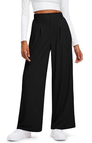 Libin Women's Wide Leg Pants 27" High Waisted Waffle Knit Casual Slacks Work Dress Pants Business Palazzo Trousers with Pockets, Black, L - Image 1