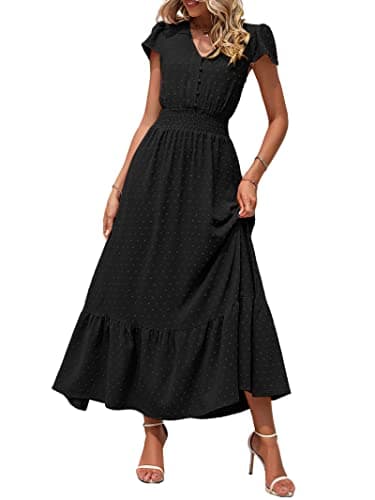 PRETTYGARDEN Womens 2025 Spring Swiss Dot Maxi Dress Short Sleeve V Neck Smocked Waist Ruffle Tiered Flowy Long Party Dresses(Black, XX-Large) - Image 1