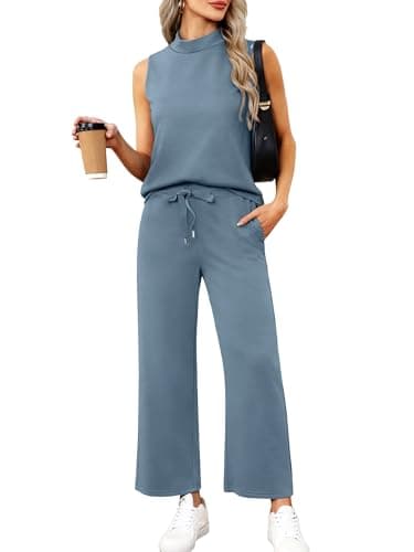Casly Lamiit 2 Piece Outfits for Women 2025 Summer Lounge Sets Travel Outfits Sleeveless Top Cropped Pants Spring Matching Casual Tracksuit Trendy Clothing Blue Grey L - Image 1
