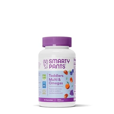 SmartyPants Toddler Multivitamin Gummies: Omega 3 Fish Oil (EPA/DHA), Vitamin D3, C, Vitamin B12, B6, A, K & Zinc, Biotin, Beta Carotene, Gluten Free, Three Fruit Flavors, 90 Count (30 Day Supply) - Image 1