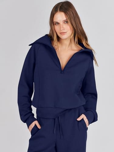 ANRABESS Women 2 Piece Outfits 2025 Fall Fashion Airport Wide Leg Pants Lounge Set Leisure Travel Vacation Clothes Sweatsuits Navy Blue Medium - Image 5