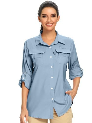 Women's UPF Long Sleeve Fishing Shirts Button Up Hiking Safari Shirts Sun Protection and Quick Dry,Light Blue,XXL - Image 1