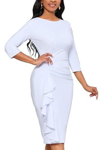 Yajedo White Dress Women Church 3/4 Sleeve Bodycon Ruched Elegant Business Pencil Sheath Dress(White X-Large) - Image 4