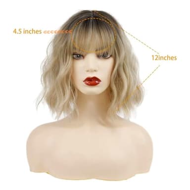 MISSQUEEN Ombre Short Blonde Wigs with Bangs Synthetic Wavy Blond Bob Wig Curly Heat Resistant Blonde Hair Wig for Women Daily Party Halloween Use - Image 2