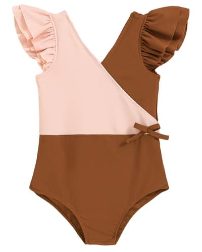 Mioglrie Girls Swimsuit 5T Summer Little Girl Bathing Suit Swimsuit Brown Color Block 6T Bathing Suit for Girls Beach Swimwear - Image 1