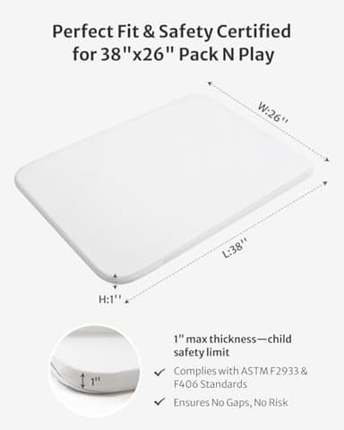 ThrivyHero Pack and Play Mattress Pad, 38x26 High Density Foam Pack N Play Mattresses with Ultra-Soft Jacquard Cover, Meets ASTM F2933-21a & F406-24 Thickness Standards, Machine Washable, White - Image 3