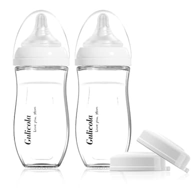 Gulicola Natural Glass Baby Bottle for Breastfed Babies, Anti-Colic Baby Bottle Set with Medium Flow Nipple, 3 Months +, 8 oz, 2 Pack - White - Image 1