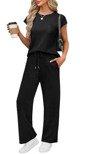 WIHOLL Workout Sets for Women 2 Piece Travel Airport Outfits on Plane Summer Business Casual Loungewear Ladies Cap Sleeve Wide Leg Pants Comfy Sets Resort Wear for Womens 2025 Clothing Black M - Image 1