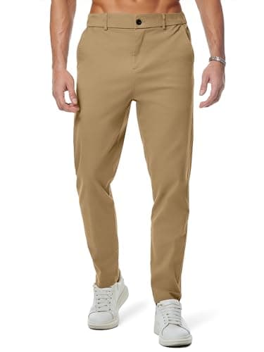 JMIERR Men's Stretch Chino Pants Business Casual Elastic Waist Travel Essentials Pant Slim Fit Tapered Cotton Twill Work Athletic Golf Dress Trousers, XL, Khaki - Image 1