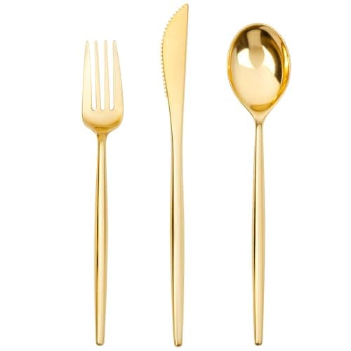 SUT 150PCS Gold Plastic Silverware, Plastic Utensils,Gold Silverware Disposable,Disposable Utensils Heavy Duty,Plastic Cutlery Set,Includes:50 Knives, Forks and Spoons for Party, Birthday,Wedding - Image 1