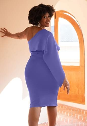 GOBLES Women's Summer Sexy One Shoulder Ruffle Bodycon Midi Cocktail Dress Lavender - Image 4