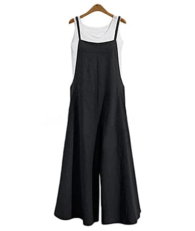 YESNO Women Casual Loose Long Bib Pants Wide Leg Jumpsuits Baggy Cotton Rompers Overalls with Pockets (L PZZTYP2 Black) - Image 3
