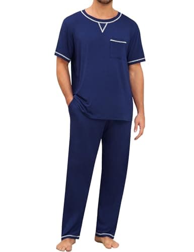 SWOMOG Mens Pajamas Set Modal Short Sleeve Sleepwear Crew Neck Pjs 2 Piece Loungewear Nightshirt Top & Pants with Pockets Navy Blue Large - Image 1