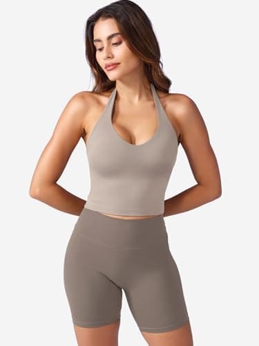 YEOREO Women's Halter Crop Top V Neck Workout Going Out Tank Top Hazel Padded Sleeveless Backless Trendy Summer Camisole - Image 5