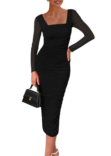 PRETTYGARDEN Fall Wedding Guest Dresses for Women 2025 Ruched Bodycon Midi Long Sleeve Formal Cocktail Dress(Black,X-Large) - Image 1