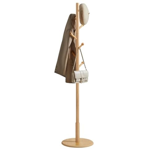 VASAGLE Solid Wood Coat Rack, Free Standing Hall Coat Tree with 7 Hooks, 3 Height Options, for Coats, Hats, Bags, Purses, for Entryway, Hallway, Rubberwood Hooks and Pole, Natural Beige URCR007N01 - Image 1