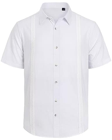 Mens Linen Shirts Short Sleeve Button Down Shirt Casual Cuban Guayabera Lightweight Summer Beach Solid Tops White - Image 4