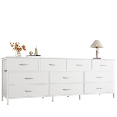 Huuger 63 Inch Dresser for Bedroom, Long Dresser with 10 Fabric Drawers, TV Stand for 55, 65, 70 Inch TV, Toy Storage Organizer for Closet, White - Image 1