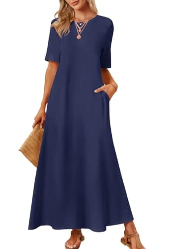 MEROKEETY Women's 2025 Summer Maxi Dress Casual Short Sleeve Beach Vacation Crewneck Basic Long T Shirt Dresses, Navy, X-Large - Image 1