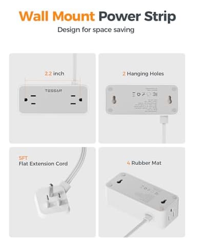 TESSAN Flat Plug Extension Cord 5 FT, Surge Protector Power Strip with 4 AC Outlets 1 USB C and 2 USB A Ports, 900 Joules Protection, Multiple Wall Outlet Extender Suitable for Home Office Dorm - Image 7