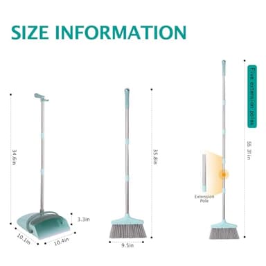 XXXFLOWER Broom and Dustpan Set with Cleaning Teeth, 55" Long Handle Indoor Sweeping Combo for Home Office Kitchen, Bluish Green - Image 2