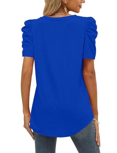 Plus Size Tops for Women Summer Blouse V Neck Short Sleeve T Shirts Puff Sleeve Royal Blue 2XL - Image 4
