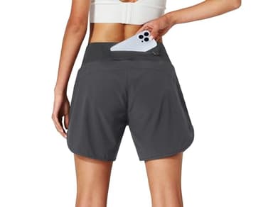 Womens Running Shorts Zipper Pockets High Waisted Quick Dry Athletic Workout Shorts with Liner Dark Grey - Image 3