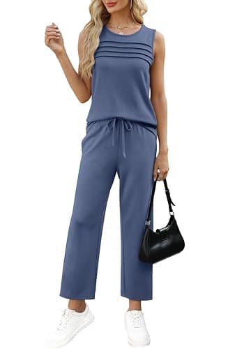 WIHOLL Summer Outfits for Women Two Piece Set Casual Wide Leg Pants Vacation Lounge Sets Travel Airport Outfits Trending Matching Sets Women Clothes Blue XL - Image 2