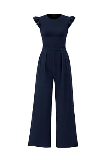 PRETTYGARDEN Summer Jumpsuits for Women Dressy 2025 Fashion Ruffle Cap Sleeve Romper Crew Neck Rib Knit One Piece Outfits (Navy,Large) - Image 1