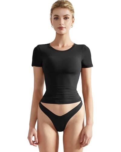 SUUKSESS Women Double Lined Fitted Basic Tee Shirts Crew Neck Short Sleeve Y2K Going Out Crop Tops (Jet Black, S) - Image 1