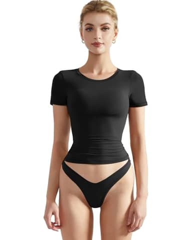 SUUKSESS Women Double Lined Fitted Basic Tee Shirts Crew Neck Short Sleeve Y2K Going Out Crop Tops (Jet Black, S) - Image 1