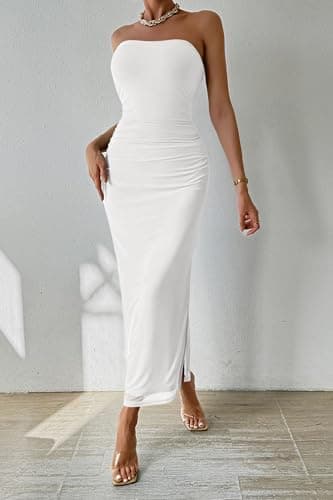 PRETTYGARDEN Women's Summer Maxi Bodycon Dresses Strapless Tube Top Printed Long Party Club Slit Dress (White,X-Large) - Image 6