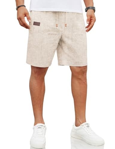 COOFANDY Mens Casual Elastic Waist Shorts Linen Summer Beach 9 Inch Inseam Stretch Waistband Shorts, Khaki, X-Large - Image 1