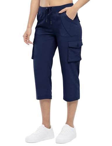TBMPOY Womens Cargo Capris Hiking Lightweight Pants 6 Pockets Quick Dry Casual Outdoor Trip Loose Shorts Cropped Cotton Navy M - Image 2