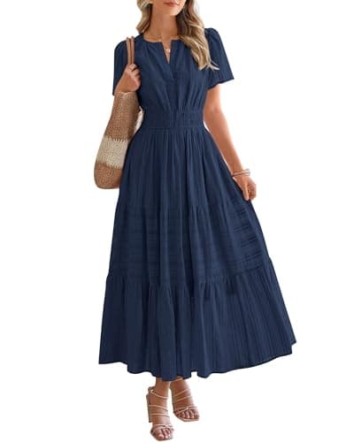 BTFBM Womens Summer 2025 Casual Midi Maxi Dresses Lightweight Short Sleeve V Neck Elastic Waist Boho Beach Dress Pockets(Navy, Large) - Image 1