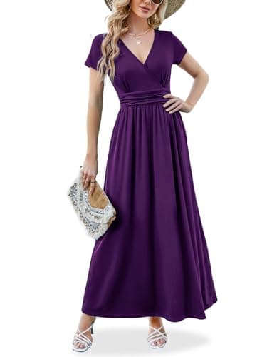 ANRILITA Maxi Dress for Women Wrap V Neck Short Sleeve Empire Pleated Waist Summer Casual Elegant Long Dresses with Pockets Purple - Image 1