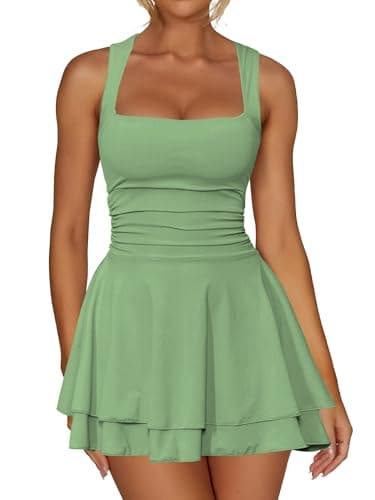 Kaximil Women's Square Neck Ruffle Hem Mini Dress Ruched Waist Short Party Dresses, Medium, Pea Green - Image 1