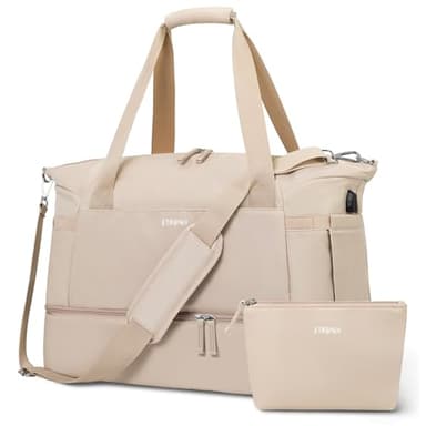 ETRONIK Gym Bag for Women, 47L Carry On Travel Duffel Bag with Shoes Compartment, Weekender Overnight Bag with Wet Pocket & USB Charging Port for Women, Travel, Gym, Weekend, Large Size (Khaki) - Image 1