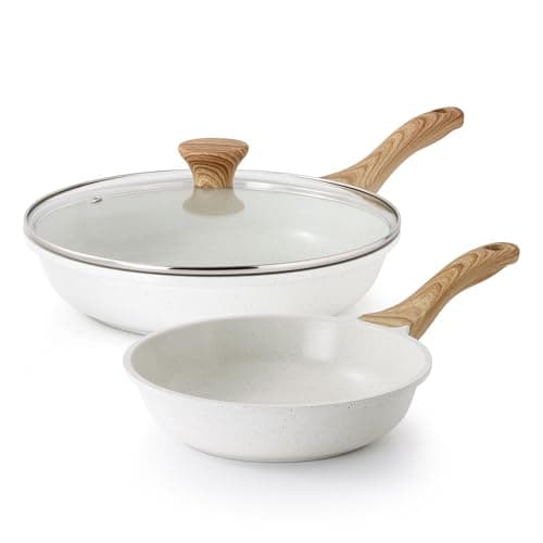 SENSARTE Nonstick Frying Pan Skillets, White Ceramic Coating Omelette Pans, Healthy Cookware Chef's Pan, Free of PTFE & PFAS (8+11Inch with Lid) - Image 1