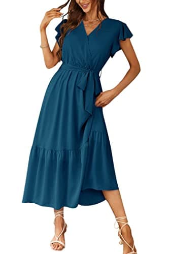 PRETTYGARDEN Women's Summer Floral Boho Dress Wrap V Neck Short Sleeve Ruffle A-Line Flowy Maxi Wedding Guest Dresses (Solid Lake Blue,XX-Large) - Image 1