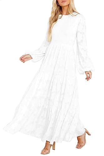 MITILLY Women's Elegant Floral Long Sleeve Round Neck Smocked A-Line Flowy Tiered Maxi Dresses with Pockets Large White - Image 1