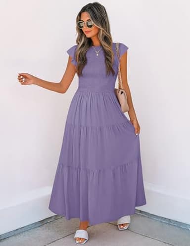 ZESICA Women's 2025 Summer Casual Flutter Short Sleeve Crew Neck Smocked Elastic Waist Tiered Midi Dress,Violet,Small - Image 5