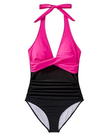 SUUKSESS Women Sexy Tummy Control One Piece Swimsuits Halter Push Up Monokini Bathing Suits (Hot Pink Black, M) - Image 4
