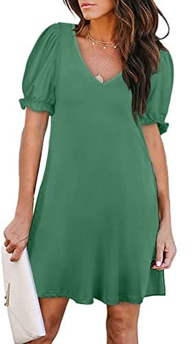 Aloodor Womens Dress Short Sleeve Flowy Casual Dresses for Women Army Green L - Image 1
