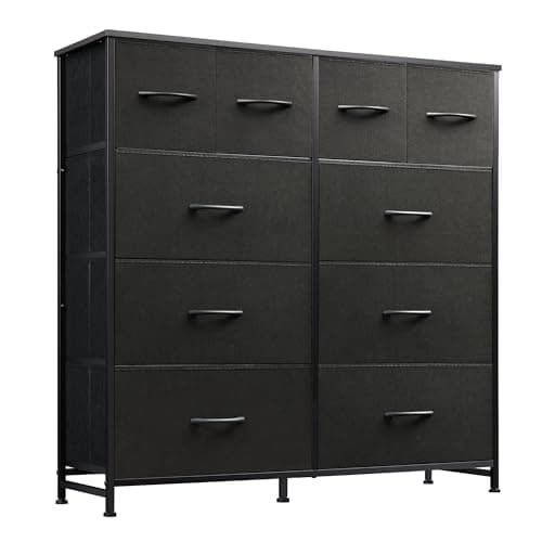WLIVE Dresser for Bedroom with 10 Fabric Drawers, Tall Chest Organizer Units for Clothing, Closet, Storage Tower with Cabinet, Metal Frame, Wooden Top, Black Dresser for Living Room - Image 1
