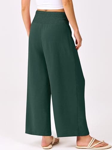 ANRABESS Womens Pants Wide Leg High Waisted Palazzo Pants Summer Flowy Beach Lounge Casual Trousers with Pockets Dark Green Medium - Image 3