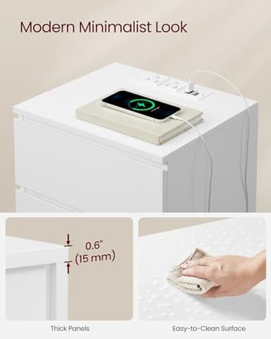VASAGLE Nightstands with Charging Station, Set of 2, AC Outlets and USB Ports, Bedside Tables, Side Tables with 3 Drawers, Modern Style, 13.8 x 15.7 x 23.2 Inches, Cloud White ULET731W16 - Image 7